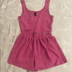 Pink Ribbed Tank Top and Shorts Set